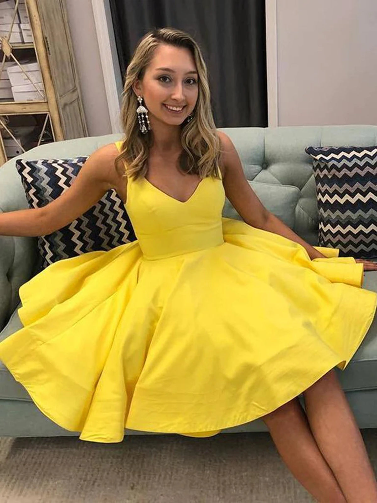 V Neck Short Yellow Prom Dresses, Short Yellow V Neck Graduation Homec - shegown V Neck Short Yellow Prom Dresses, Short Yellow V Neck Graduation Homec - shegown