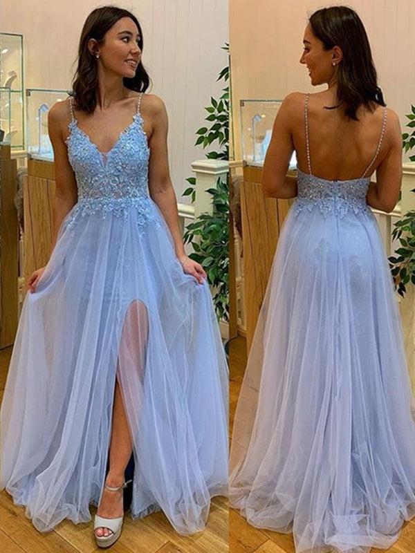 V Neck Sky Blue Lace Prom Dresses, Sky Blue Lace Formal Evening Dresse
