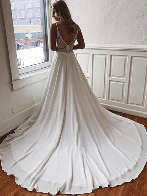 V Neck White Lace Wedding Dresses, V Neck White Lace Prom Formal Dresses