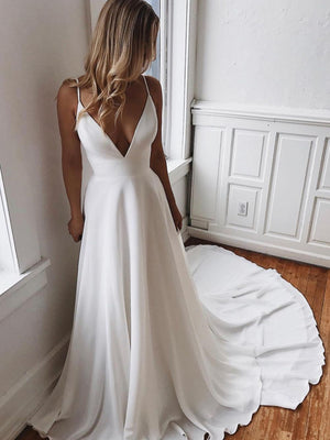 V Neck White Lace Wedding Dresses, V Neck White Lace Prom Formal Dresses