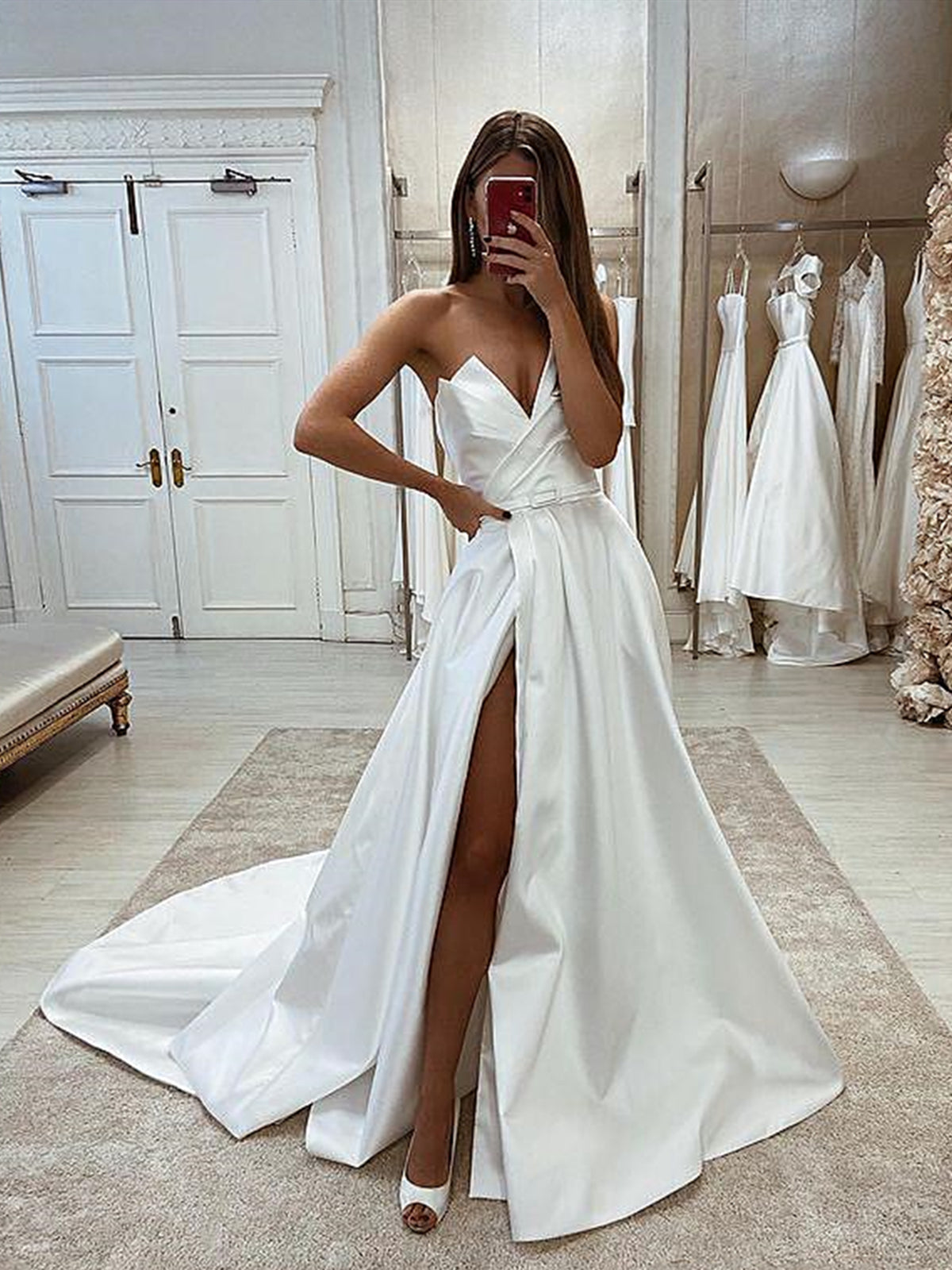 V Neck White Satin Wedding Dresses, Elegant White Satin Formal Prom Dresses, US 12 / Custom Color / With Rush+$19.99 V Neck White Satin Wedding Dresses, Elegant White Satin Formal Prom Dresses, US 12 / Custom Color / With Rush+$19.99