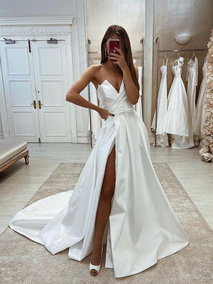 V Neck White Satin Wedding Dresses, Elegant White Satin Formal Prom Dresses