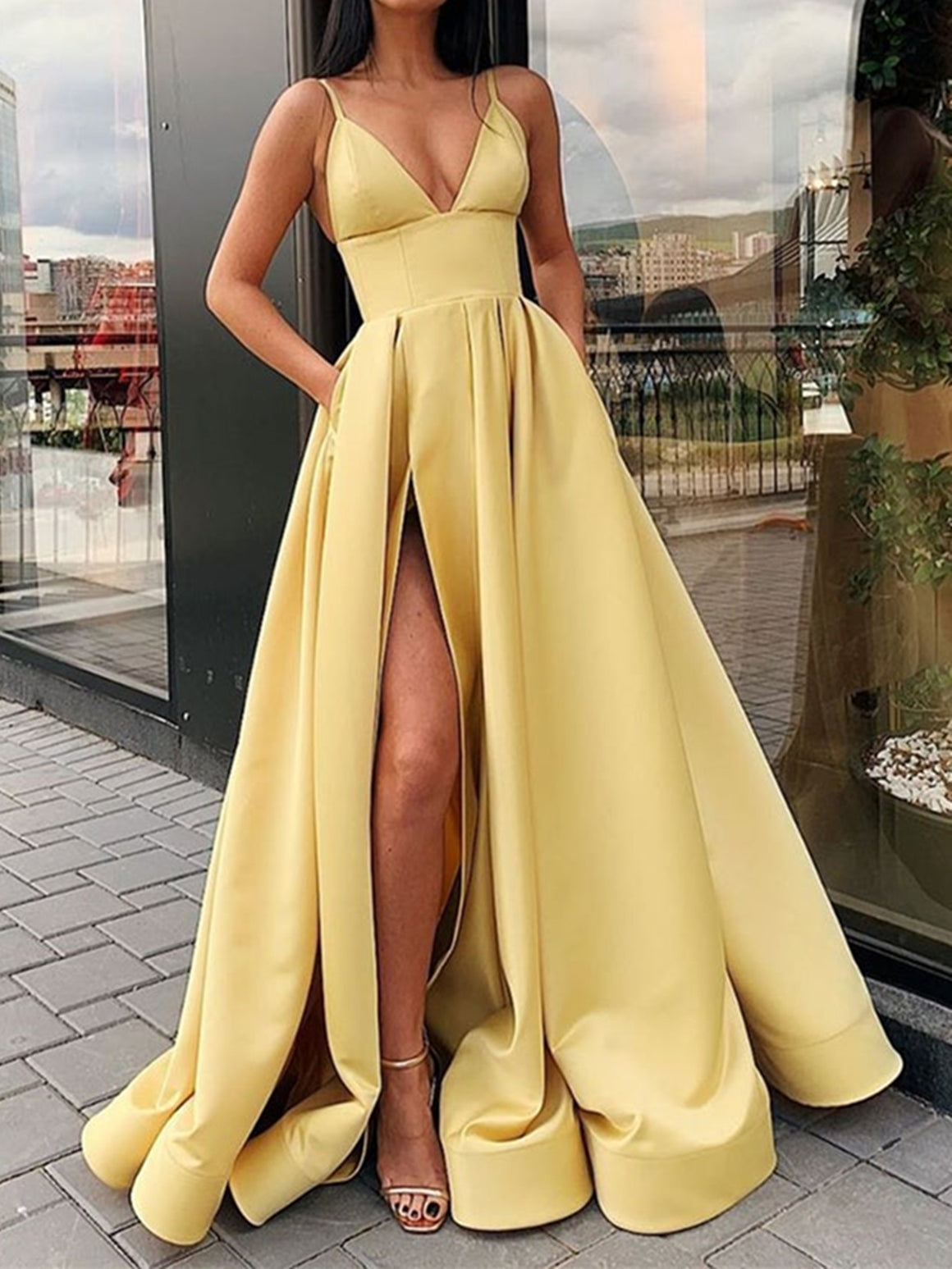 V Neck Yellow Pink Satin Prom Dress with Leg Slit, V Neck Yellow Pink Satin Formal Graduation Dresses