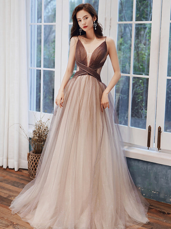V Neck Brown Ombre Long Prom Dresses, Brown Ombre Floor Length Formal Evening Dresses, US 2 / No Rush