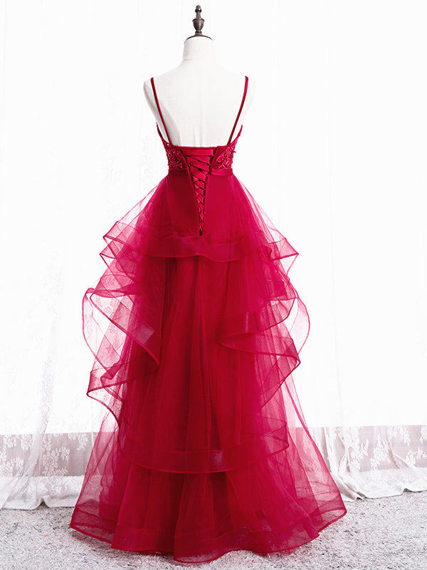 V Neck Burgundy Lace Prom Dresses, Wine Red Lace Formal Evening Graduation Dresses, US 8 / Burgundy as Pics / With Rush+$19.99