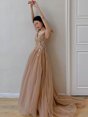 V Neck Champagne Lace Prom Dresses, Champagne Lace Long Formal Evening Dresses