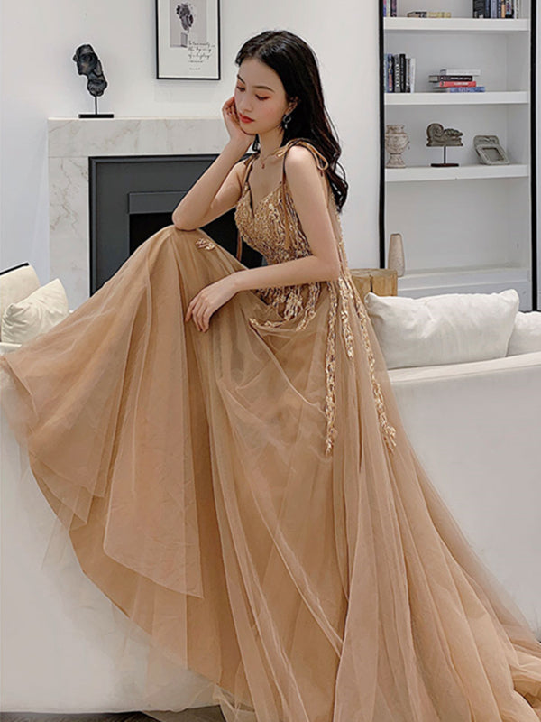 V Neck Champagne Lace Prom Dresses, Champagne Lace Long Formal Evening - shegown V Neck Champagne Lace Prom Dresses, Champagne Lace Long Formal Evening - shegown