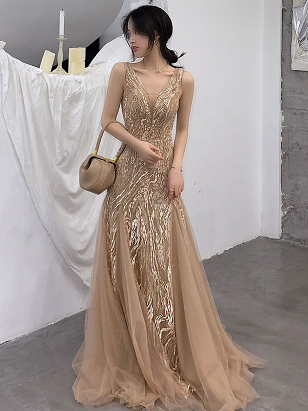 V Neck Champagne Lace Prom Dresses, V Neck Mermaid Lace Formal Evening Dresses, US 10 / Custom Color / With Rush+$19.99