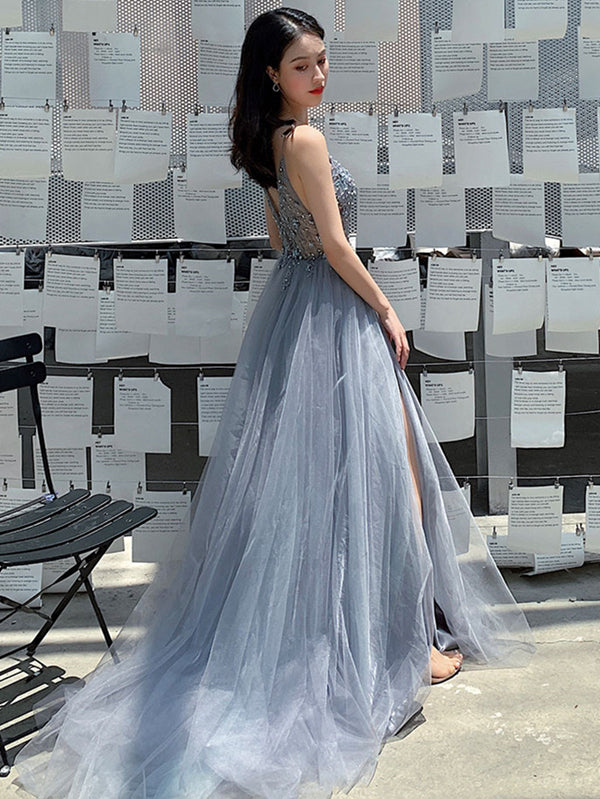 V Neck Gray Beaded Long Prom Dresses, V Neck Beaded Gray Formal Evenin - shegown V Neck Gray Beaded Long Prom Dresses, V Neck Beaded Gray Formal Evenin - shegown