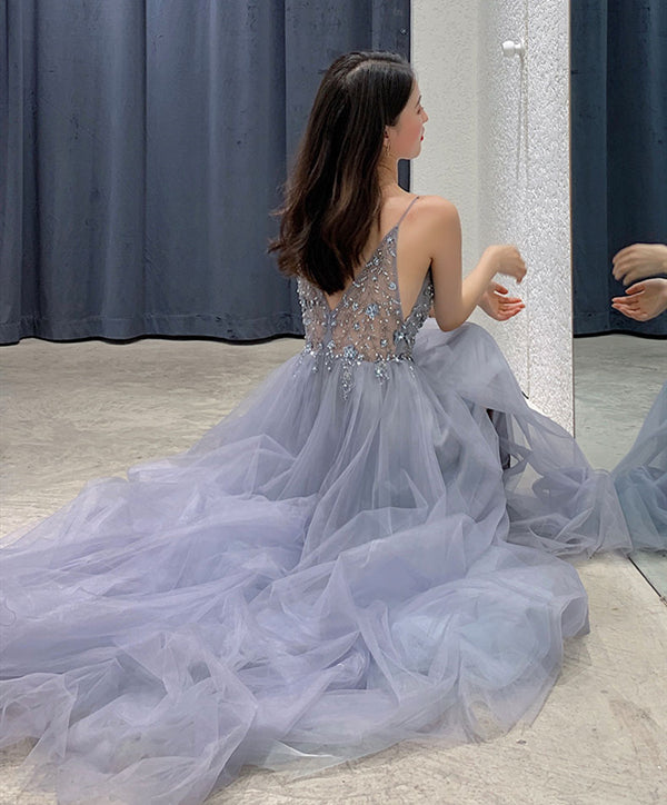 V Neck Gray Beaded Long Prom Dresses, V Neck Beaded Gray Formal Evenin - shegown V Neck Gray Beaded Long Prom Dresses, V Neck Beaded Gray Formal Evenin - shegown