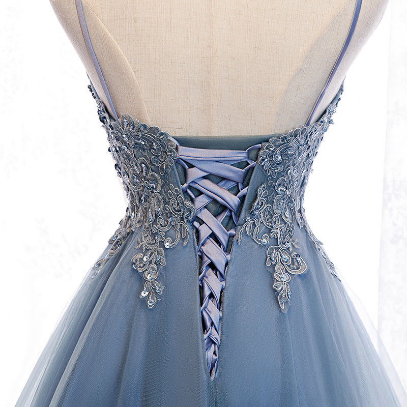 V Neck High Low Blue Lace Prom Dresses, Blue Lace High Low Formal Even - shegown V Neck High Low Blue Lace Prom Dresses, Blue Lace High Low Formal Even - shegown