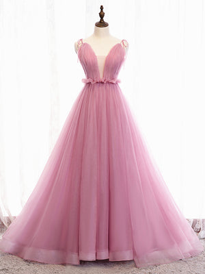 V Neck Pink Tulle Prom Dresses with Train, Pink Long Formal Evening Graduation Dresses