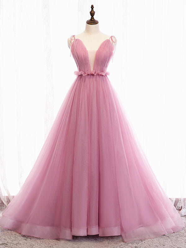 V Neck Pink Tulle Prom Dresses with Train, Pink Long Formal Evening Graduation Dresses