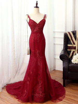 V Neck Red Mermaid Lace Prom Dresses, Red Mermaid Lace Formal Bridesmaid Dresses