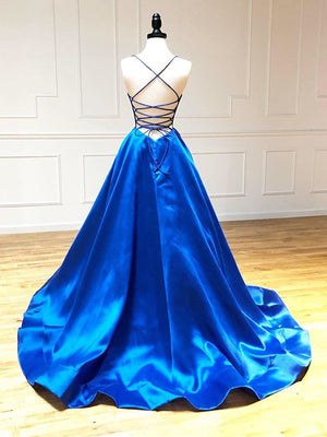 V Neck Royal Blue Backless Prom Dresses, Royal Blue Backless Formal Graduation Evening Dresses